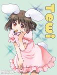  brown_hair bunny_ears bunny_tail carrot character_name highres inaba_tewi jewelry kurarin mouth_hold pendant rabbit_ears red_eyes short_hair solo tail touhou 