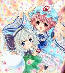  blush cherry_blossoms fang ghost hairband hat konpaku_youmu konpaku_youmu_(ghost) myon petals pink_hair red_eyes ribbon saigyouji_yuyuko sakurai_tamako shikishi short_hair silver_hair tamako touhou traditional_media 