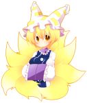  blonde_hair bust colored_eyelashes fox_tail hands_in_sleeves hat kiri_futoshi multiple_tails short_hair simple_background solo tail touhou yakumo_ran yellow_eyes 