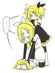  alternate_hairstyle blonde_hair blue_eyes detached_sleeves dress elbow_gloves gloves hair_ornament hair_ribbon hairclip kagamine_rin kagamine_rin_(roshin_yuukai) kagamine_rin_(roshin_yuukai/hard_rkmix) meltdown_(vocaloid) multiple_persona najo parody ribbon roshin_yuukai_(vocaloid) sailor_dress strangle strangling thigh-highs thighhighs twintails vocaloid white_dress zettai_ryouiki 