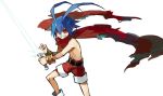  blue_hair bracelet disgaea energy_sword grin jewelry laharl no_shirt red_eyes red_scarf scarf shirtless shorts smile starshadowmagician sword weapon 