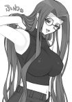  breasts fate/stay_night fate_(series) glasses large_breasts long_hair midriff monochrome navel rider shichimenchou simple_background unzipped 