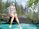  barefoot blue_hair breasts center_opening cleavage jewelry kou_(rall2) long_hair nature 
