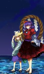 barefoot blonde_hair eyes feet hairband hand_on_hat hat hat_tip highres moriya_suwako multiple_girls night night_sky ocean purple_hair red_eyes rope rotan shide shimenawa short_hair skirt sky smile star_(sky) starry_sky touhou walking_on_water water yasaka_kanako yellow_eyes