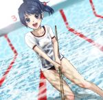  blue_eyes blue_hair broom cleaning dutch_angle keito_(mask) no_pants one-piece_swimsuit original ponytail pool school_swimsuit see-through short_hair solo swimsuit swimsuit_under_clothes wet 