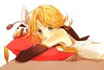  bad_id blonde_hair detached_sleeves hair_ornament hair_ribbon hairclip headphones kagamine_rin lying on_stomach panko pillow pillow_hug ribbon short_hair solo vocaloid 