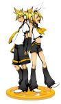  back_to_back blonde_hair blue_eyes closed_eyes hair_ornament hair_ribbon hairclip hand_holding headphones holding_hands kagamine_len kagamine_rin midriff necktie open_mouth ribbon short_hair siblings simple_background smile twins vocaloid 