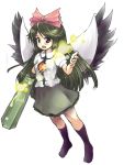  bad_id black_hair black_wings bow dutch_angle hair_bow hitoshise long_hair red_eyes reiuji_utsuho simple_background skirt socks touhou weapon wings 