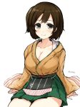  1girl blouse breasts brown_eyes brown_hair cleavage don_(29219) hiryuu_(kantai_collection) japanese_clothes kantai_collection large_breasts short_hair side_ponytail sitting skirt smile solo 