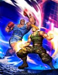  2boys american_flag bared_teeth black_hair blonde_hair boots boxing_gloves camouflage camouflage_pants combat_boots dark_skin dog_tags fighting genzoman guile m_bison male_focus manly missing_tooth multiple_boys muscle pants shorts sonic_boom street_fighter tank_top tattoo thigh_pouch very_dark_skin 