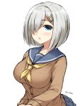  1girl blue_eyes breasts cardigan don_(29219) hair_ornament hair_over_one_eye hairclip hamakaze_(kantai_collection) kantai_collection large_breasts looking_at_viewer open_mouth pleated_skirt school_uniform serafuku short_hair silver_hair simple_background skirt solo twitter_username white_background 
