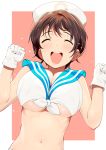  1girl breasts brown_hair gloves hat large_breasts oikawa_shizuku sailor_collar short_hair smile solo 