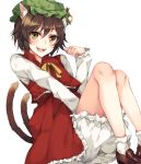  1girl :d animal_ears bloomers brown_hair cat_ears cat_tail chen fangs hat jewelry light_brown_eyes long_sleeves looking_at_viewer mob_cap multiple_tails open_mouth rinarisa shirt shoes short_hair simple_background single_earring sitting skirt skirt_set smile socks solo tail touhou underwear vest white_background white_legwear 