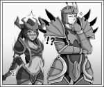  !? 1boy 1girl armor blush comic covering covering_ass helmet jarvan_lightshield_iv league_of_legends long_hair monochrome shyvana tsugumi_(artist) 