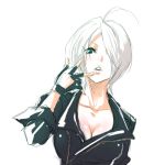  1girl ahoge angel_(kof) blue_eyes breasts cleavage evilgun fingerless_gloves gloves hair_over_one_eye large_breasts leather_jacket lowres silver_hair sketch solo the_king_of_fighters the_king_of_fighters_xiv upper_body 