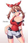  :&lt; artist_name bare_arms bare_shoulders bike_shorts bike_shorts_under_shorts blue_eyes blush breasts brown_hair character_name cleavage contrapposto gradient gradient_background hair_between_eyes hair_ribbon hand_on_hip haruka_(pokemon) highres large_breasts looking_at_viewer off_shoulder pokemon pokemon_(game) pokemon_oras pokemon_rse ranken red_ribbon red_shirt ribbon shiny shiny_skin shirt short_hair shorts simple_background skin_tight sleeveless sleeveless_shirt standing strap_slip sweat sweatdrop tank_top white_background white_shorts 