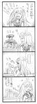  4koma bbb_(friskuser) book book_stack bookshelf comic commentary_request flower hair_flower hair_ornament highres kantai_collection long_hair ro-500_(kantai_collection) school_uniform serafuku smile spoken_quest swimsuit swimsuit_under_clothes translation_request 