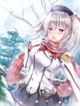  1girl blue_eyes breasts epaulettes gloves hat kantai_collection kashima_(kantai_collection) large_breasts long_hair looking_at_viewer military military_uniform scarf silver_hair smile solo tailam twintails uniform 