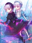  2girls alice_(fate/extra) black_dress blue_dress bow braid doll_joints dress fate/extra fate_(series) frills hair_over_shoulder hat hat_ribbon kneeling large_bow lolita_fashion long_hair looking_at_viewer looking_back mary_janes multiple_girls open_mouth pink_eyes ribbon ringed_eyes shoes sitting smile twin_braids tyokoa4649 very_long_hair white_hair 