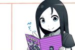  1girl black_hair blue_eyes doujinshi holding kantai_collection kei-suwabe reading ru-class_battleship shinkaisei-kan smile solo white_skin 