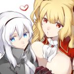  2girls anne_bonny_(fate/grand_order) blonde_hair blue_eyes breasts citron_82 cleavage fate/grand_order fate_(series) hairband heart holding_hands large_breasts long_hair mary_read_(fate/grand_order) multiple_girls red_eyes short_hair_with_long_locks silver_hair two_side_up 