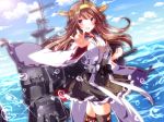  1girl ahoge blush brown_hair cannon clenched_hand detached_sleeves double_bun hairband japanese_clothes kantai_collection kongou_(kantai_collection) long_hair machinery mast nanoha-h nontraditional_miko ocean outstretched_hand remodel_(kantai_collection) skirt solo thigh-highs turret violet_eyes 