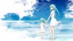  2girls barefoot blue_eyes child dress green_hair hatsune_miku holding_hands long_hair looking_at_viewer multiple_girls pine_(yellowpine112) vocaloid white_dress 