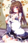  !? 1girl ahoge barefoot blush breasts brown_hair cleavage double_bun kantai_collection kongou_(kantai_collection) long_hair nanoha-h nontraditional_miko sitting skirt solo undressing violet_eyes wariza 