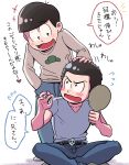  2boys bent_over black_hair blush brothers flying_sweatdrops indian_style karamatsu long_sleeves mirror multiple_boys osomatsu-kun osomatsu-san osomatsu_(osomatsu-kun) pants shirt short_hair siblings simple_background sitting sweatpants t-shirt translation_request white_background yoshimichi 