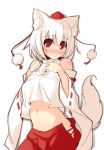  1girl animal_ears bare_shoulders blush crop_top crop_top_overhang detached_sleeves embarrassed hat hip_vent inubashiri_momiji japanese_clothes looking_at_viewer navel red_eyes short_hair simple_background solo tail tears tokin_hat touhou white_background white_hair wide_sleeves wolf_ears wolf_tail yanagi_yuu 