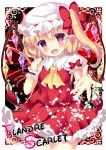  1girl ascot blonde_hair blush bow character_name dress fang flandre_scarlet hat hat_bow looking_at_viewer mob_cap open_mouth petals pink_eyes puffy_short_sleeves puffy_sleeves red_dress rika-tan_(rikatantan) short_sleeves side_ponytail solo touhou wings wrist_cuffs 