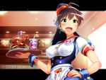  1girl :d ahoge apron badge bangs black_hair blue_eyes blush bodice breasts button_badge buttons cup drinking_straw earrings employee_uniform eroero884 fang fast_food_uniform flag food french_fries ganaha_hibiki hamburger hand_on_hip hat headset highres holding_tray hoop_earrings idolmaster indoors jewelry ketchup letterboxed long_hair looking_at_viewer notepad open_mouth outside_border paper_cup pen ponytail puffy_short_sleeves puffy_sleeves restaurant shirt short_sleeves smile solo tray underbust uniform waist_apron waitress white_shirt wrist_cuffs 