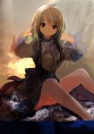  1girl 86thunder absurdres blonde_hair bowtie dress green_eyes hands_in_hair highres long_hair looking_at_viewer original puffy_sleeves sitting solo tagme 