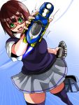  1girl angry bag crossover female gatack_zecter glasses green_eyes henshin henshin_pose idolmaster idolmaster_cinderella_girls isuna kamen_rider kamen_rider_gatack kamen_rider_kabuto_(series) maekawa_miku open_mouth parody rider_belt solo 