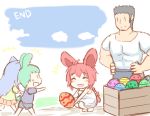  2boys 2girls ahoge animal_ears black_hair blue_hair braid bunny_boy bunny_girl bunny_tail cat_ears chibi child closed_eyes easter_egg green_hair greenteaneko hands_on_hips highres long_hair multiple_boys multiple_girls nora_(greenteaneko) original rabbit_ears redhead short_hair single_braid smile squatting tail 