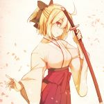  1girl blonde_hair fate/grand_order fate_(series) japanese_clothes katana kimono koha-ace kurikara petals ponytail sakura_saber scabbard sheath solo sword weapon 