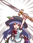  apron blouse blue_dress blue_hair dress excalibur female final_fantasy food fruit hat hinanawi_tenshi leaf long_hair lowres open_mouth parody peach rainbow_order red_eyes ryogo short_sleeves solo sword sword_of_hisou touhou weapon white_background 