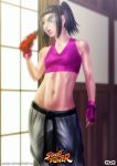  1girl absurdres alternate_costume alternate_hairstyle bottle eyelashes eyepatch fingerless_gloves ggg_(gonzalogallianoniz) gloves han_juri highres lips nose pants parted_lips short_twintails small_breasts solo sports_bra street_fighter toned twintails violet_eyes water_bottle windowsill 