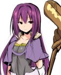 1girl capelet cu_chulainn_(fate/grand_order) cu_chulainn_(fate/grand_order)_(cosplay) fate/grand_order fate_(series) lancer long_hair purple_hair red_eyes scathach_(fate/grand_order) sen_(astronomy) simple_background smile solo staff upper_body white_background 
