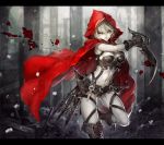  1girl armor bangs belt bikini_armor black_boots black_bra black_gloves black_shorts boots bra breasts brick buckle cleavage closed_mouth dagger gauntlets gloves grey_skin highres holding_weapon hood hooded_cloak letterboxed looking_at_viewer midriff navel original pale_skin pole red_hood senano-yu shorts smile snow snowing solo standing_on_one_leg stomach sword underwear weapon white_hair yellow_eyes 
