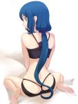  1girl ass barefoot blue_hair feet from_behind green_eyes gundam gundam_build_fighters iori_rinko kira_keita lips long_hair looking_at_viewer looking_back ponytail smile solo 