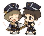  2boys ^_^ brown_eyes brown_hair cape chibi closed_eyes food food_on_face hat hirano_toushirou maeda_toushirou male_focus military military_uniform multiple_boys necktie nomuo_(shiromi) open_mouth shorts smile taiyaki touken_ranbu uniform wagashi walking 