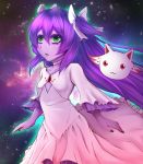  1girl bow dress goddess_madoka green_eyes kyubey league_of_legends long_hair lulu_(league_of_legends) mahou_shoujo_madoka_magica purple_hair seiyuu_connection tsugumi_(artist) yuuki_aoi 