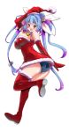  1girl :3 :d alternate_costume ass bangs bell blue_hair blue_swimsuit blush boots breasts christmas detached_collar dress full_body fur_trim gloves hair_ornament hair_ribbon hand_on_headwear i-19_(kantai_collection) kantai_collection large_breasts long_hair looking_at_viewer multicolored_hair open_mouth perepere-kun purple_hair quad_tails red_boots red_dress red_eyes red_gloves red_hat ribbon santa_costume short_dress simple_background smile solo standing_on_one_leg star star-shaped_pupils strapless_dress swimsuit swimsuit_under_clothes symbol-shaped_pupils thigh-highs thigh_boots upskirt very_long_hair white_background 
