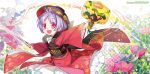  1girl artist_name blush bowl flower japanese_clothes kimono long_sleeves looking_at_viewer miracle_mallet needle obi object_on_head open_mouth outstretched_arms purple_hair red_eyes ribbon sash short_hair smile solo sukuna_shinmyoumaru t_unchiku touhou wide_sleeves 
