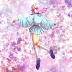  1girl bangs blunt_bangs dress floating from_behind full_body kneehighs letter looking_back natsuki_megumi outstretched_arms patalliro! pink_hair pleated_dress pulara purple_shoes shoes short_dress silver_dress solo spread_arms white_legwear wide_sleeves 
