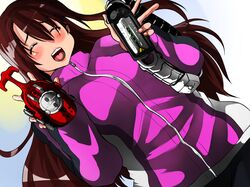  1girl ^_^ brown_hair closed_eyes crossover female happy idolmaster idolmaster_cinderella_girls isuna kabuto_zecter kamen_rider kamen_rider_kabuto kamen_rider_kabuto_(series) rider_belt shimamura_uzuki solo 