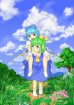  2girls :d aqua_eyes bending_forward blue_dress blue_eyes blue_hair blue_sky blush carrying cirno clouds daiyousei dress fairy fairy_wings flower fukumori_omi grass green_hair hair_ribbon highres looking_at_another looking_back multiple_girls no_shoes open_mouth outdoors piggyback puffy_short_sleeves puffy_sleeves ribbon short_hair short_sleeves side_ponytail sky smile socks touhou tree walking wings 