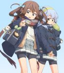  2girls asagumo_(kantai_collection) bag blue_eyes brown_hair coat ka-no kantai_collection long_hair multiple_girls scarf silver_hair smile twintails uniform yamagumo_(kantai_collection) 