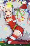  1girl alternate_costume bag bell belt blonde_hair blue_eyes blush breasts christmas christmas_lights christmas_ornaments cross dress fur gin00 graf_zeppelin_(kantai_collection) hair_bell hair_between_eyes hair_ornament highres kantai_collection kneeling large_breasts long_hair long_sleeves looking_at_viewer miniskirt no_hat open_mouth red_dress red_legwear sack santa_costume skirt solo star thigh-highs twintails 